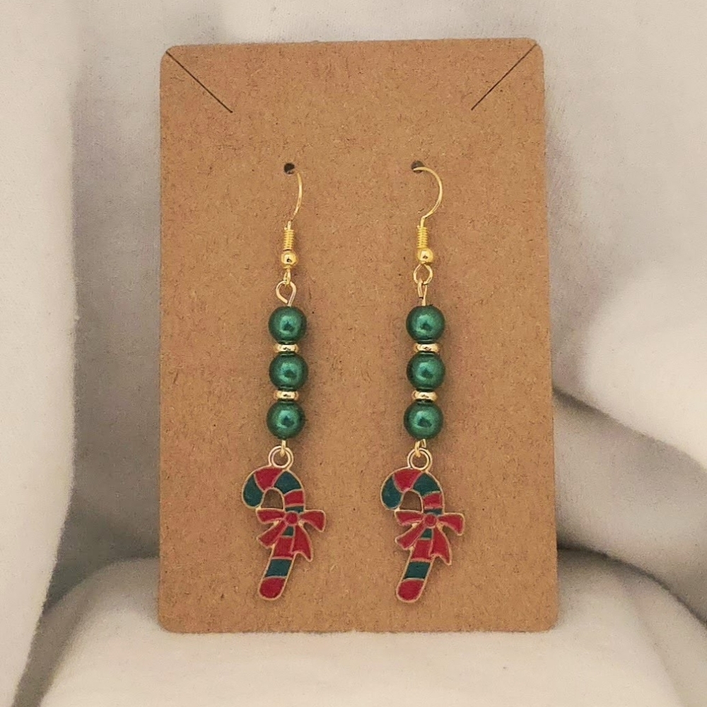 Festive Candy Cane Earrings with Green Beads
